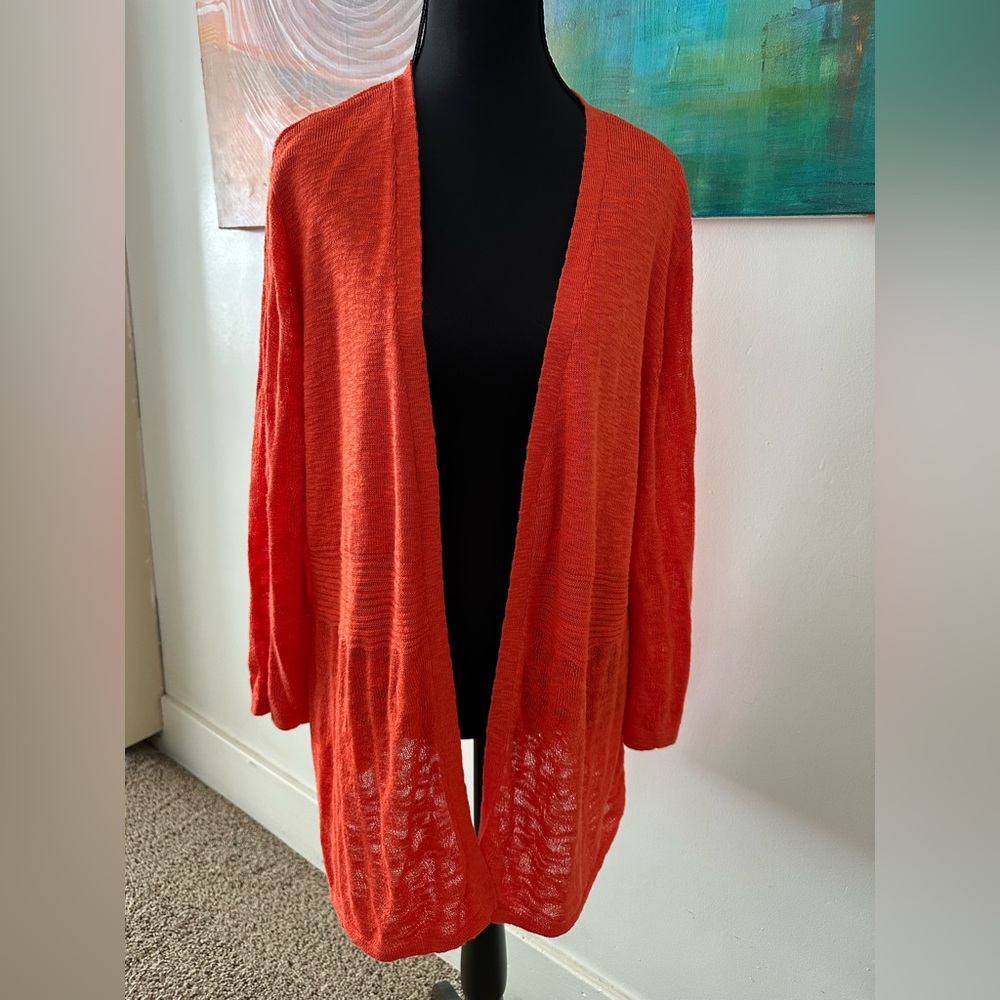 Chico’s NWT Slub Cotton Blend Open Weave Cardigan Tangier Orange Size L